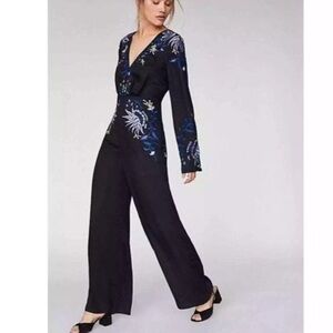 Free People Gypsy Rose Jumpsuit Floral Embroidered Black Size 6 Wide Leg